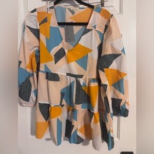 JODIFL Geometric Blouse in Blue, Yellow, and Gray